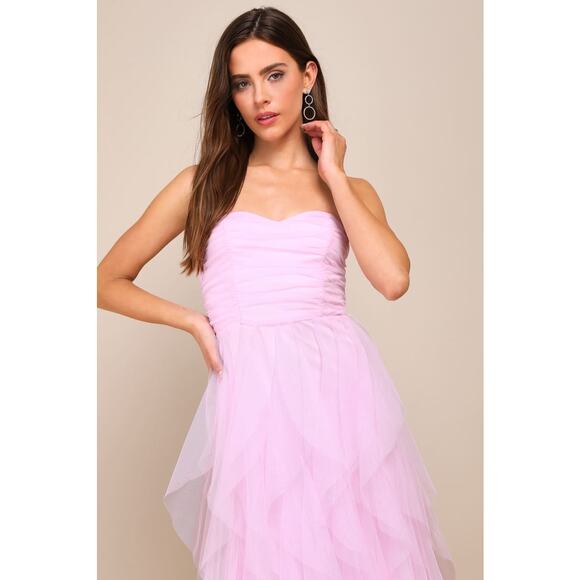 NWT Lulus Delightful Beauty Pink Mesh Strapless Ruched Ruffled Maxi Dress Size M - Picture 7 of 8